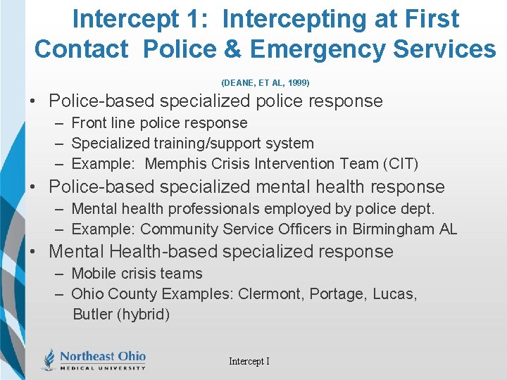 Intercept 1: Intercepting at First Contact Police & Emergency Services (DEANE, ET AL, 1999)