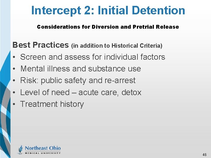 Intercept 2: Initial Detention Considerations for Diversion and Pretrial Release Best Practices (in addition