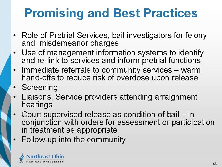 Promising and Best Practices • Role of Pretrial Services, bail investigators for felony and