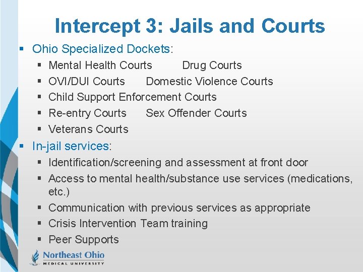 Intercept 3: Jails and Courts § Ohio Specialized Dockets: § § § Mental Health