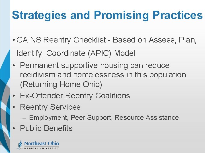 Strategies and Promising Practices • GAINS Reentry Checklist - Based on Assess, Plan, Identify,