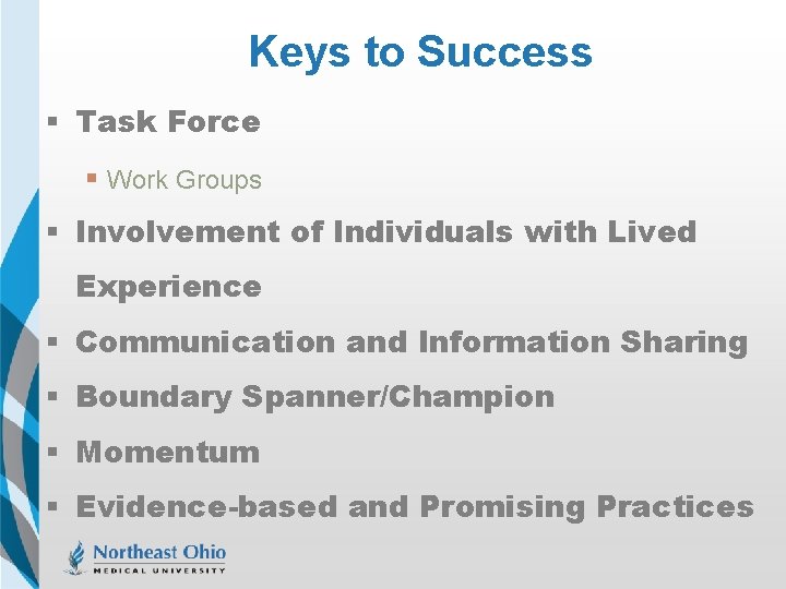 Keys to Success § Task Force § Work Groups § Involvement of Individuals with