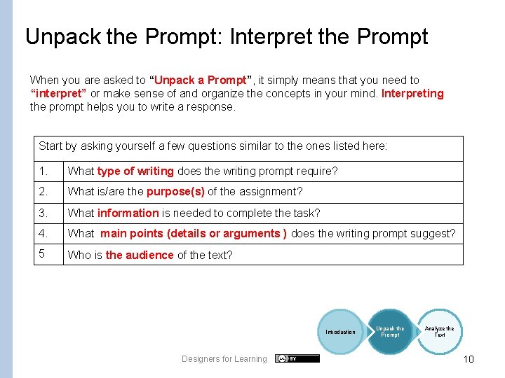Unpack the Prompt: Interpret the Prompt When you are asked to “Unpack a Prompt”,