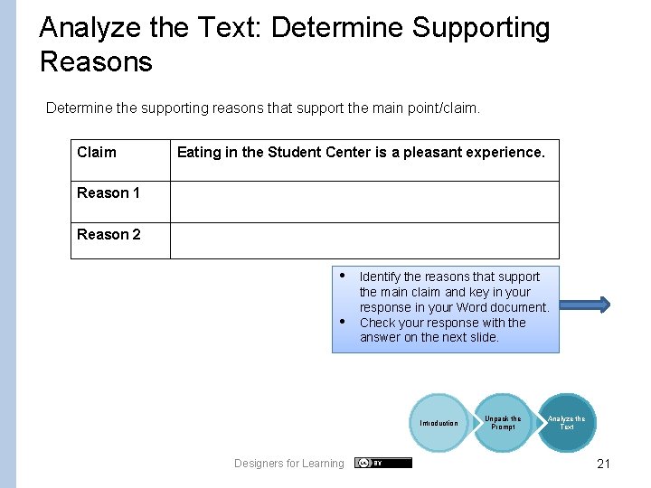 Analyze the Text: Determine Supporting Reasons Determine the supporting reasons that support the main