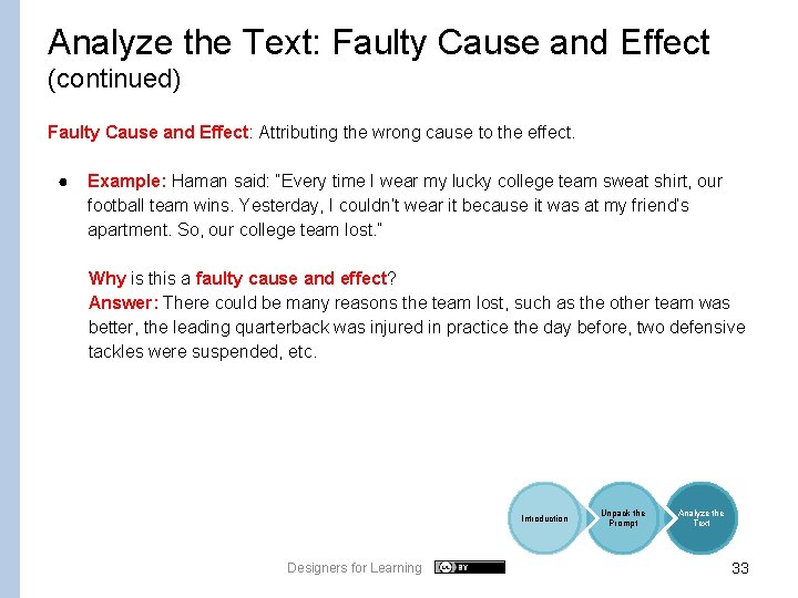 Analyze the Text: Faulty Cause and Effect (continued) Faulty Cause and Effect: Attributing the