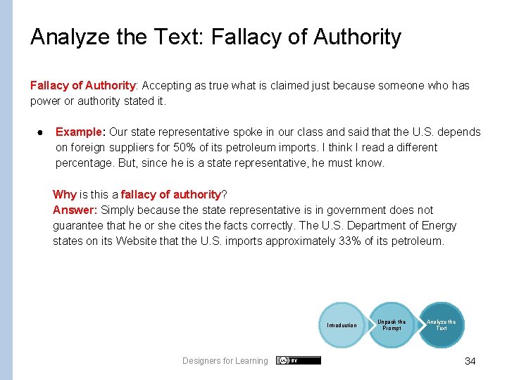 Analyze the Text: Fallacy of Authority: Accepting as true what is claimed just because