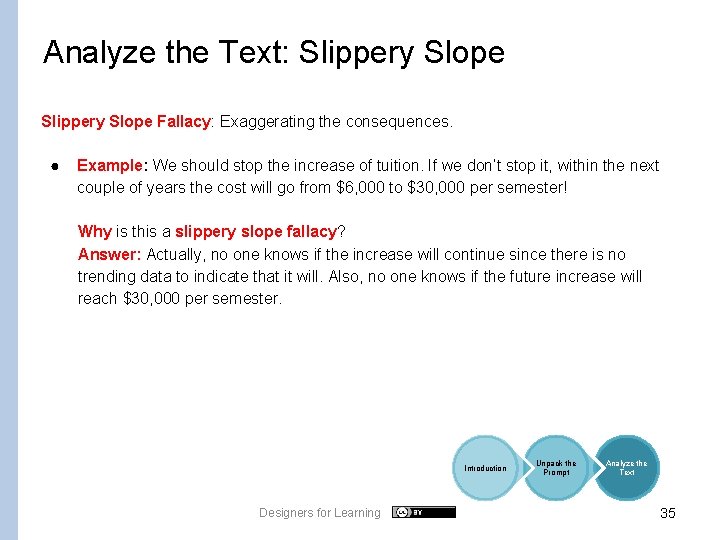 Analyze the Text: Slippery Slope Fallacy: Exaggerating the consequences. ● Example: We should stop