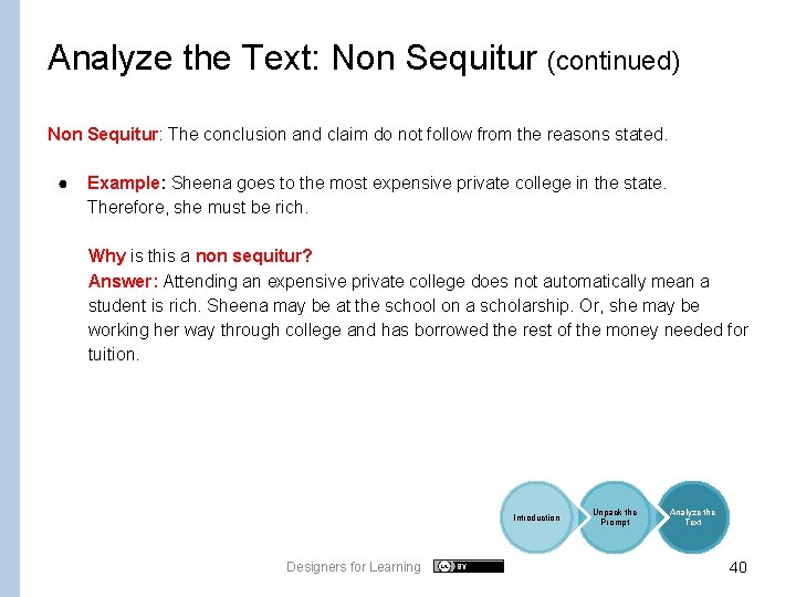 Analyze the Text: Non Sequitur (continued) Non Sequitur: The conclusion and claim do not
