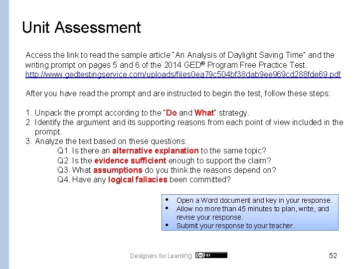 Unit Assessment Access the link to read the sample article “An Analysis of Daylight
