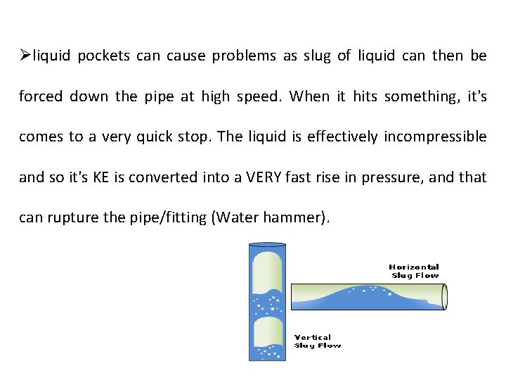 Øliquid pockets can cause problems as slug of liquid can then be forced down