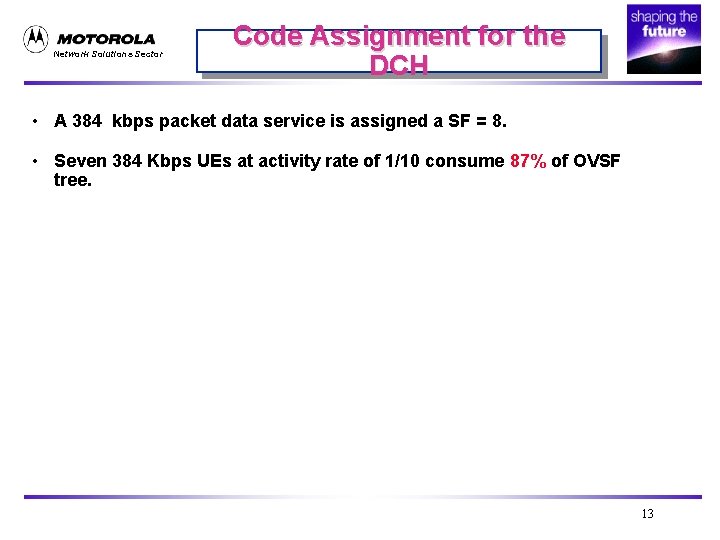Network Solutions Sector Code Assignment for the DCH • A 384 kbps packet data