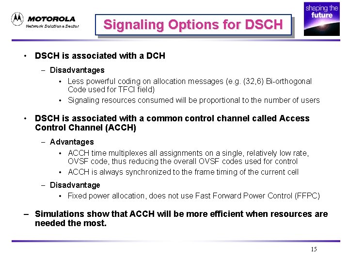 Network Solutions Sector Signaling Options for DSCH • DSCH is associated with a DCH
