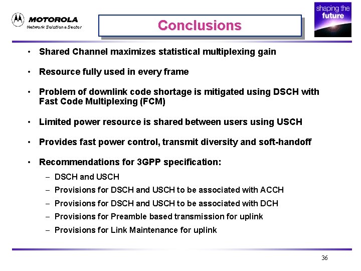 Network Solutions Sector Conclusions • Shared Channel maximizes statistical multiplexing gain • Resource fully