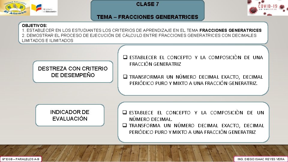 CLASE 7 TEMA – FRACCIONES GENERATRICES OBJETIVOS: 1. ESTABLECER EN LOS ESTUDIANTES LOS CRITERIOS