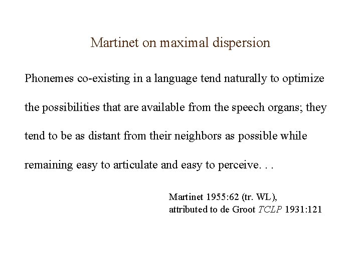 Martinet on maximal dispersion Phonemes co-existing in a language tend naturally to optimize the