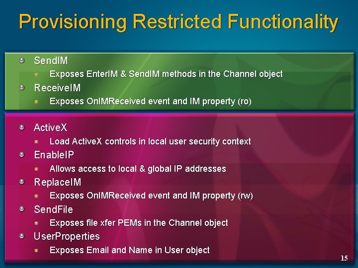 Provisioning Restricted Functionality Send. IM Exposes Enter. IM & Send. IM methods in the