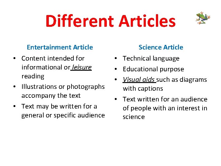 Different Articles Entertainment Article Science Article • Content intended for informational or leisure reading