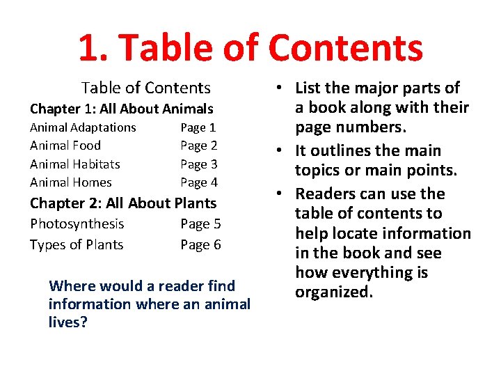 1. Table of Contents Chapter 1: All About Animals Animal Adaptations Page 1 Animal