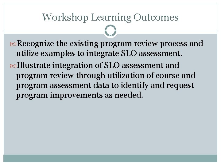 Workshop Learning Outcomes Recognize the existing program review process and utilize examples to integrate