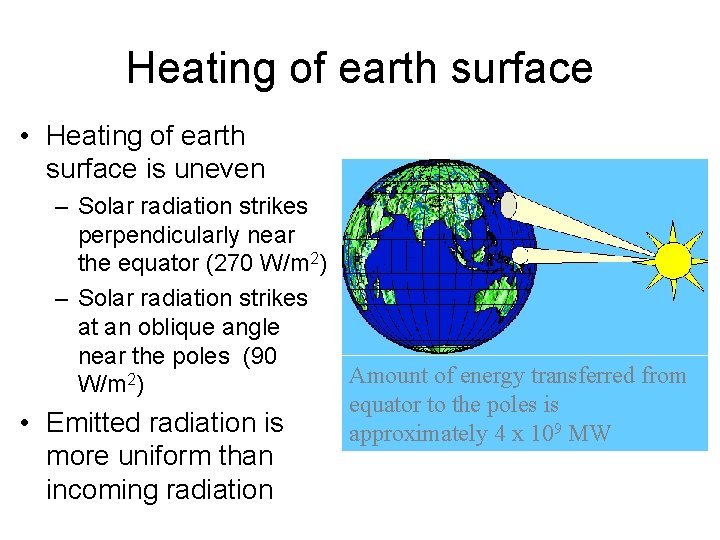 Heating of earth surface • Heating of earth surface is uneven – Solar radiation