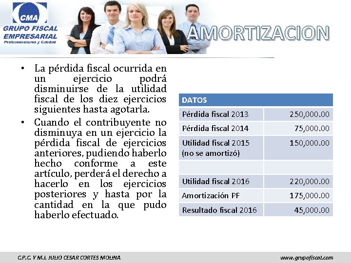 AMORTIZACION • La pérdida fiscal ocurrida en un ejercicio podrá disminuirse de la utilidad