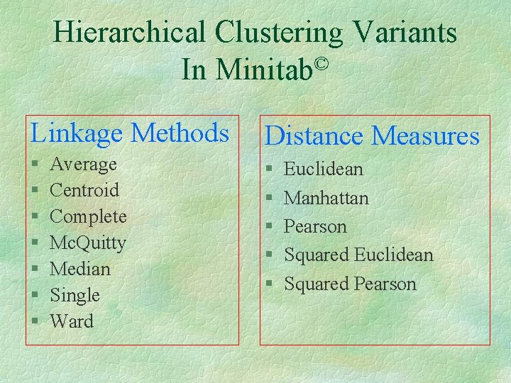 Hierarchical Clustering Variants © In Minitab Linkage Methods Distance Measures § § § Average