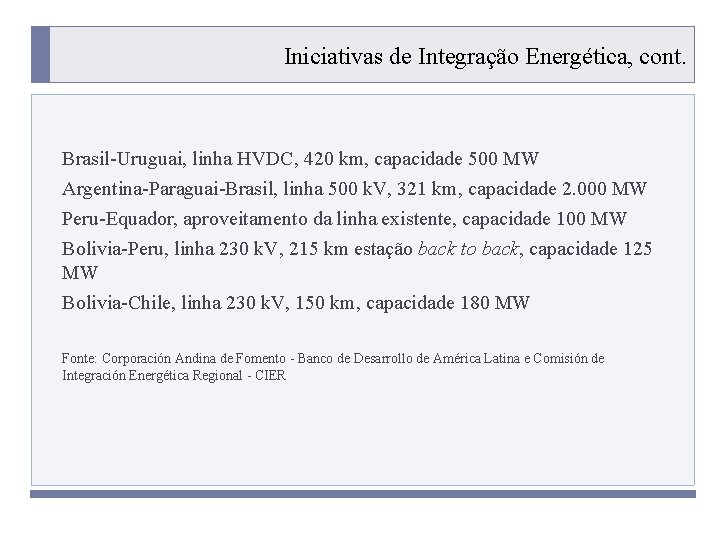 Iniciativas de Integração Energética, cont. Brasil-Uruguai, linha HVDC, 420 km, capacidade 500 MW Argentina-Paraguai-Brasil,