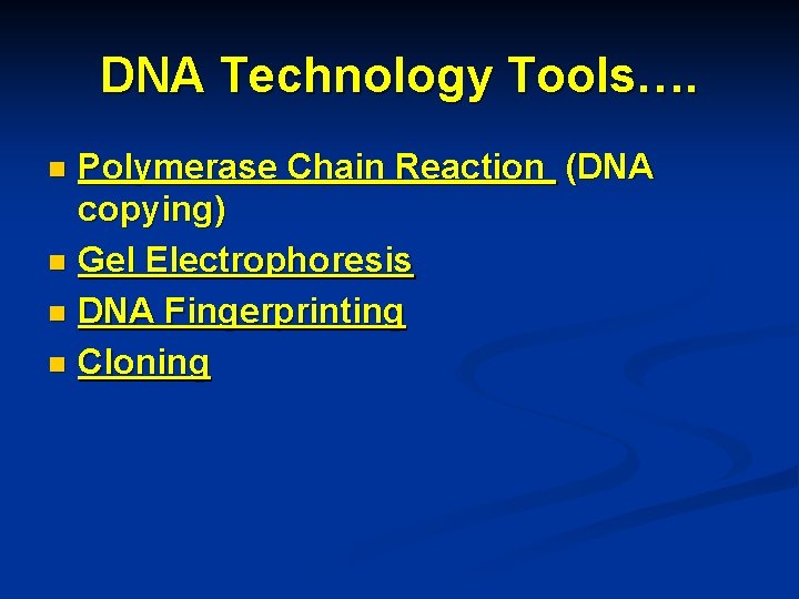 DNA Technology Tools…. Polymerase Chain Reaction (DNA copying) n Gel Electrophoresis n DNA Fingerprinting