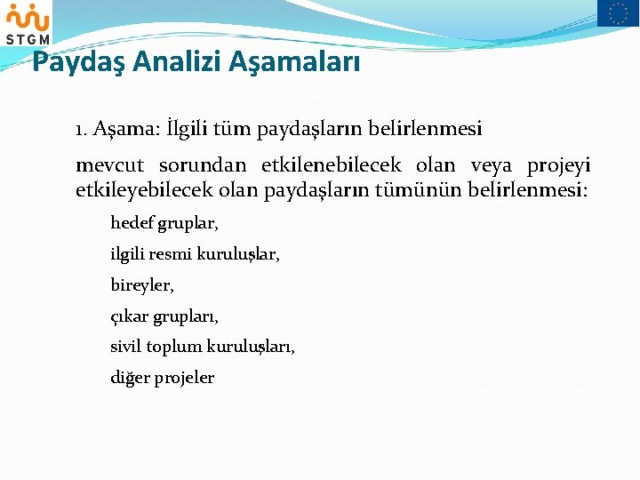 Paydaş Analizi Aşamaları 1. Aşama: İlgili tüm paydaşların belirlenmesi mevcut sorundan etkilenebilecek olan veya