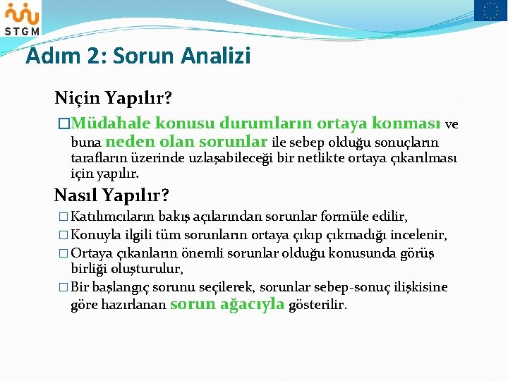 Adım 2: Sorun Analizi Niçin Yapılır? �Müdahale konusu durumların ortaya konması ve buna neden