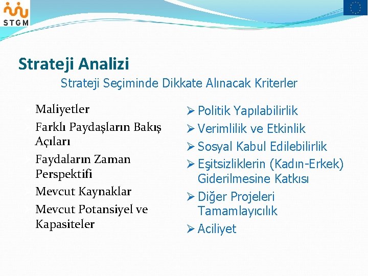 Strateji Analizi Strateji Seçiminde Dikkate Alınacak Kriterler Ø Maliyetler Ø Farklı Paydaşların Bakış Açıları