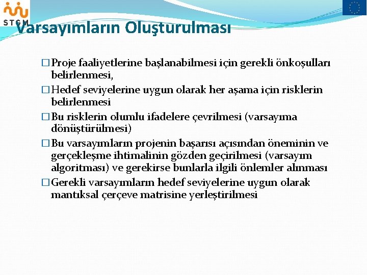 Varsayımların Oluşturulması �Proje faaliyetlerine başlanabilmesi için gerekli önkoşulları belirlenmesi, �Hedef seviyelerine uygun olarak her