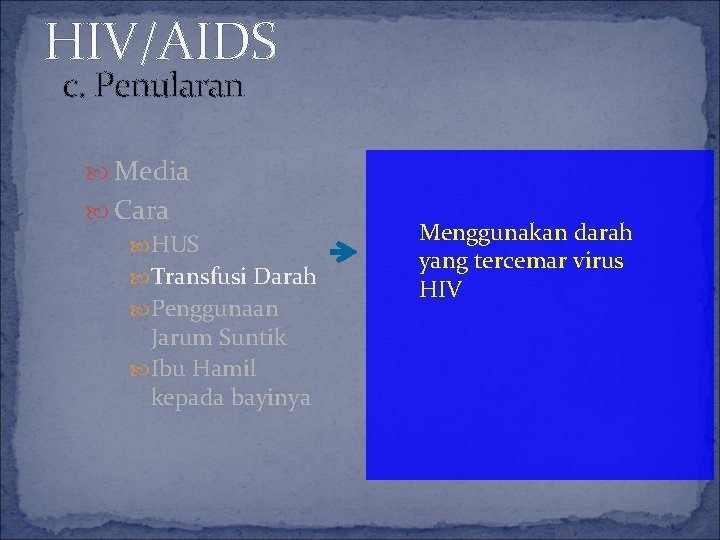 HIV/AIDS c. Penularan Media Cara HUS Transfusi Darah Penggunaan Jarum Suntik Ibu Hamil kepada