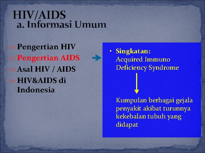 HIV/AIDS a. Informasi Umum Pengertian HIV Pengertian AIDS Asal HIV / AIDS • Singkatan: