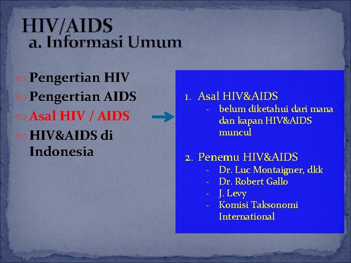 HIV/AIDS a. Informasi Umum Pengertian HIV Pengertian AIDS Asal HIV / AIDS HIV&AIDS di