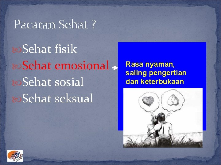 Pacaran Sehat ? Sehat fisik Sehat emosional Sehat sosial Sehat seksual Rasa nyaman, saling