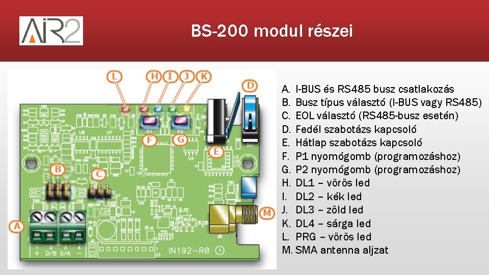 BS-200 modul részei A. I-BUS és RS 485 busz csatlakozás B. Busz típus választó