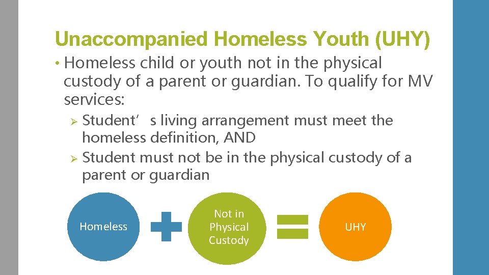 Unaccompanied Homeless Youth (UHY) • Homeless child or youth not in the physical custody