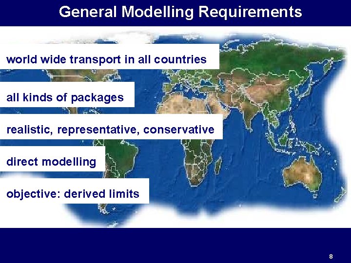 General Modelling Requirements world wide transport in all countries all kinds of packages realistic,