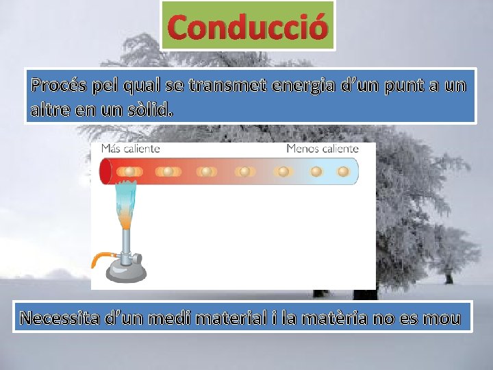 Conducció Procés pel qual se transmet energia d’un punt a un altre en un