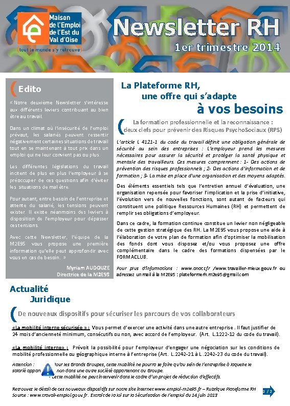 ANNÉE 2012 Newsletter RH 1 er trimestre 2014 ( Edito « Notre deuxième Newsletter