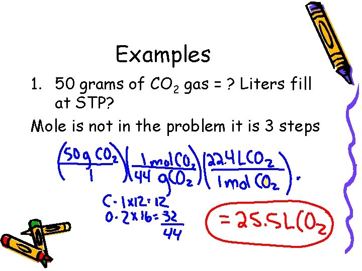 Examples 1. 50 grams of CO 2 gas = ? Liters fill at STP?