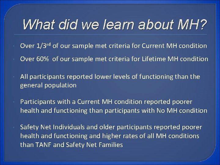 What did we learn about MH? Over 1/3 rd of our sample met criteria