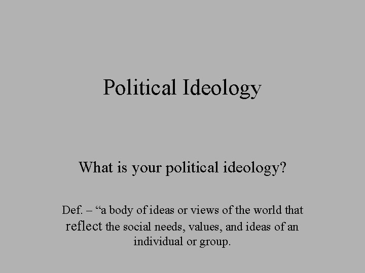 Political Ideology What is your political ideology? Def. – “a body of ideas or