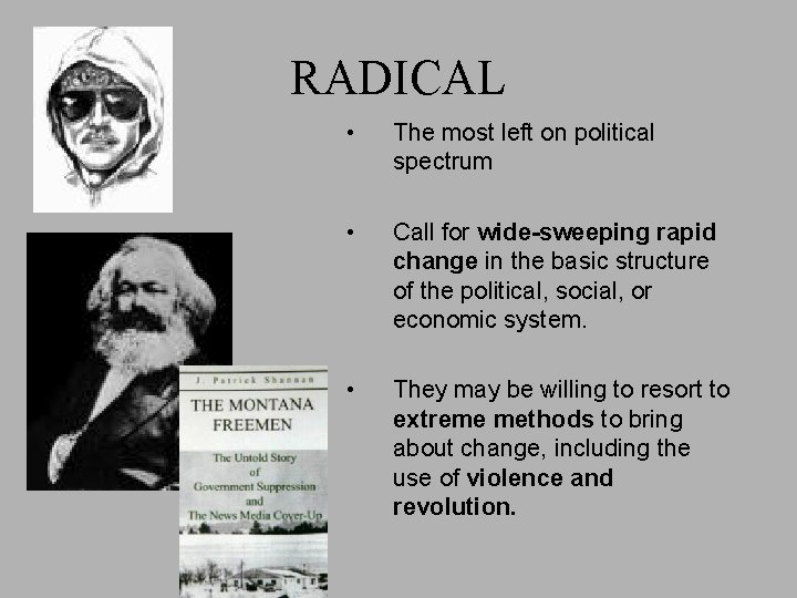 RADICAL • The most left on political spectrum • Call for wide-sweeping rapid change