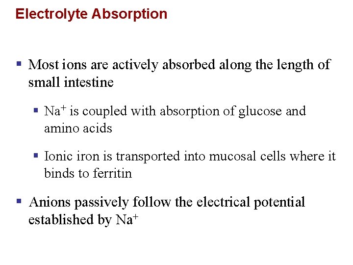 Electrolyte Absorption § Most ions are actively absorbed along the length of small intestine