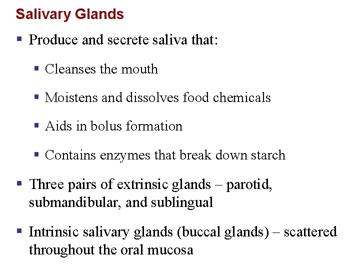 Salivary Glands § Produce and secrete saliva that: § Cleanses the mouth § Moistens