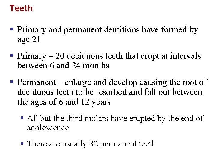 Teeth § Primary and permanent dentitions have formed by age 21 § Primary –