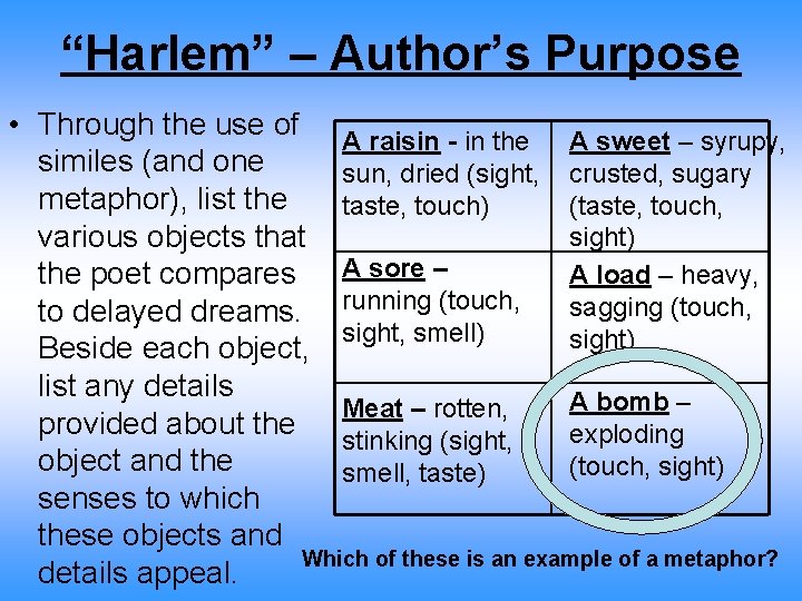 “Harlem” – Author’s Purpose • Through the use of A raisin - in the