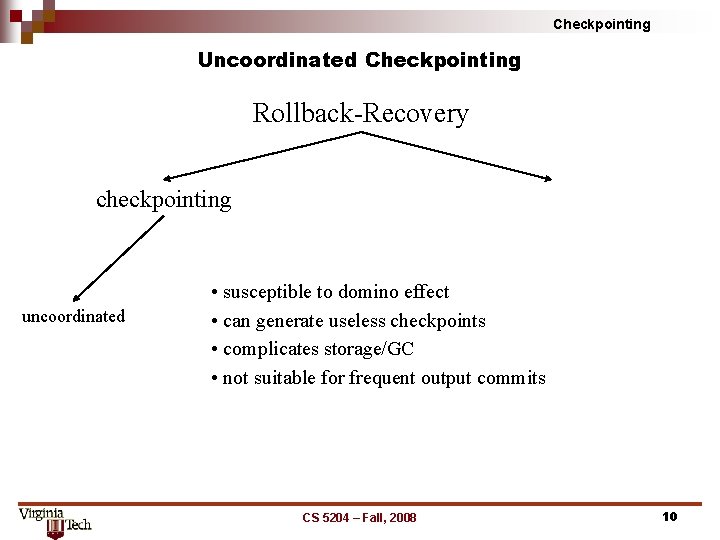Checkpointing Uncoordinated Checkpointing Rollback Recovery checkpointing uncoordinated • susceptible to domino effect • can